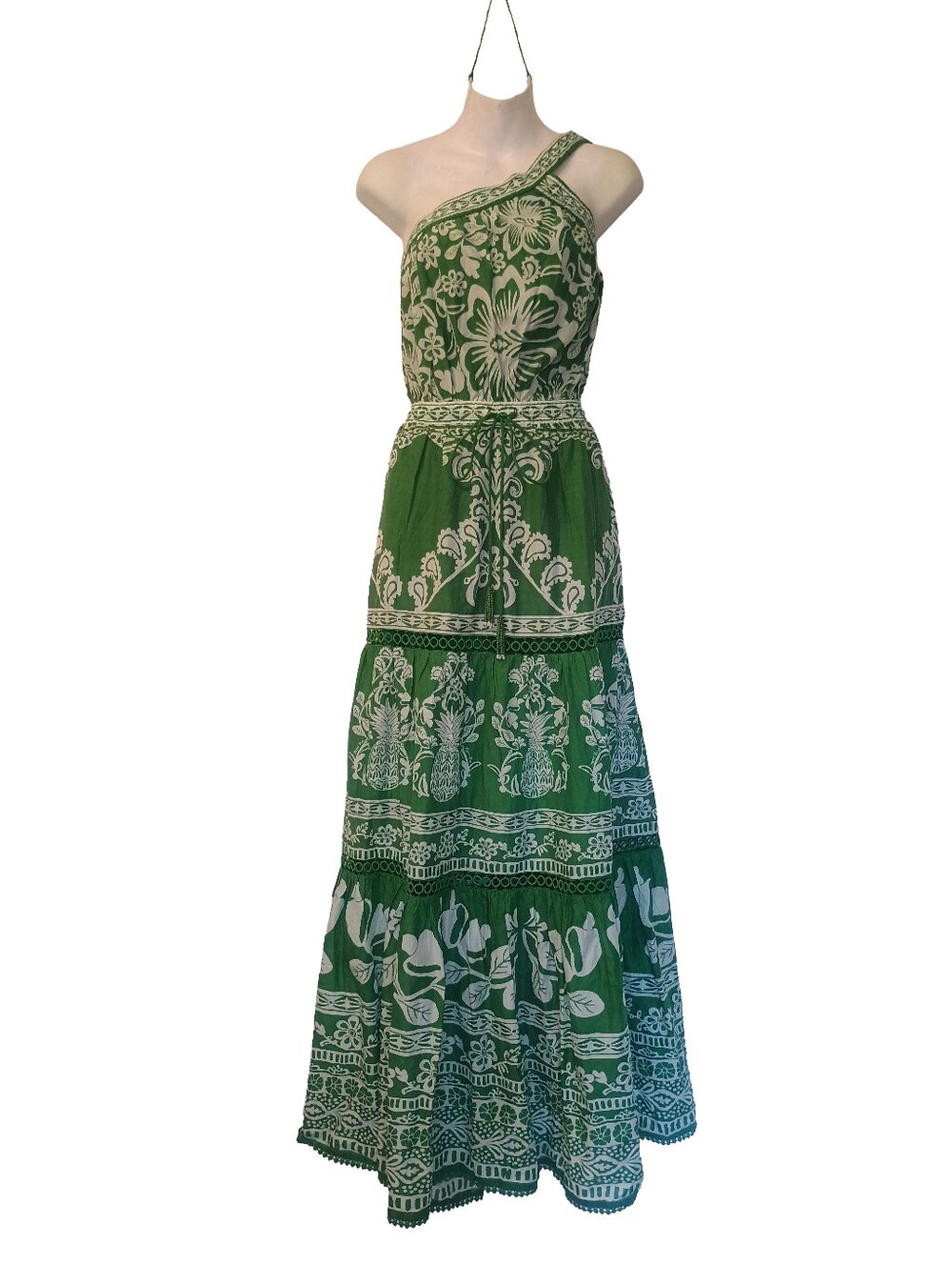 FARM Rio Sweet Garden Green Maxi Dress asymmetrical one-shoulder Large